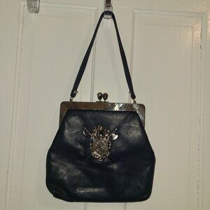 VTG Margolin 1940s 50s Leather Purse Coat of Arms on Front Navy-Blue Silver RARE